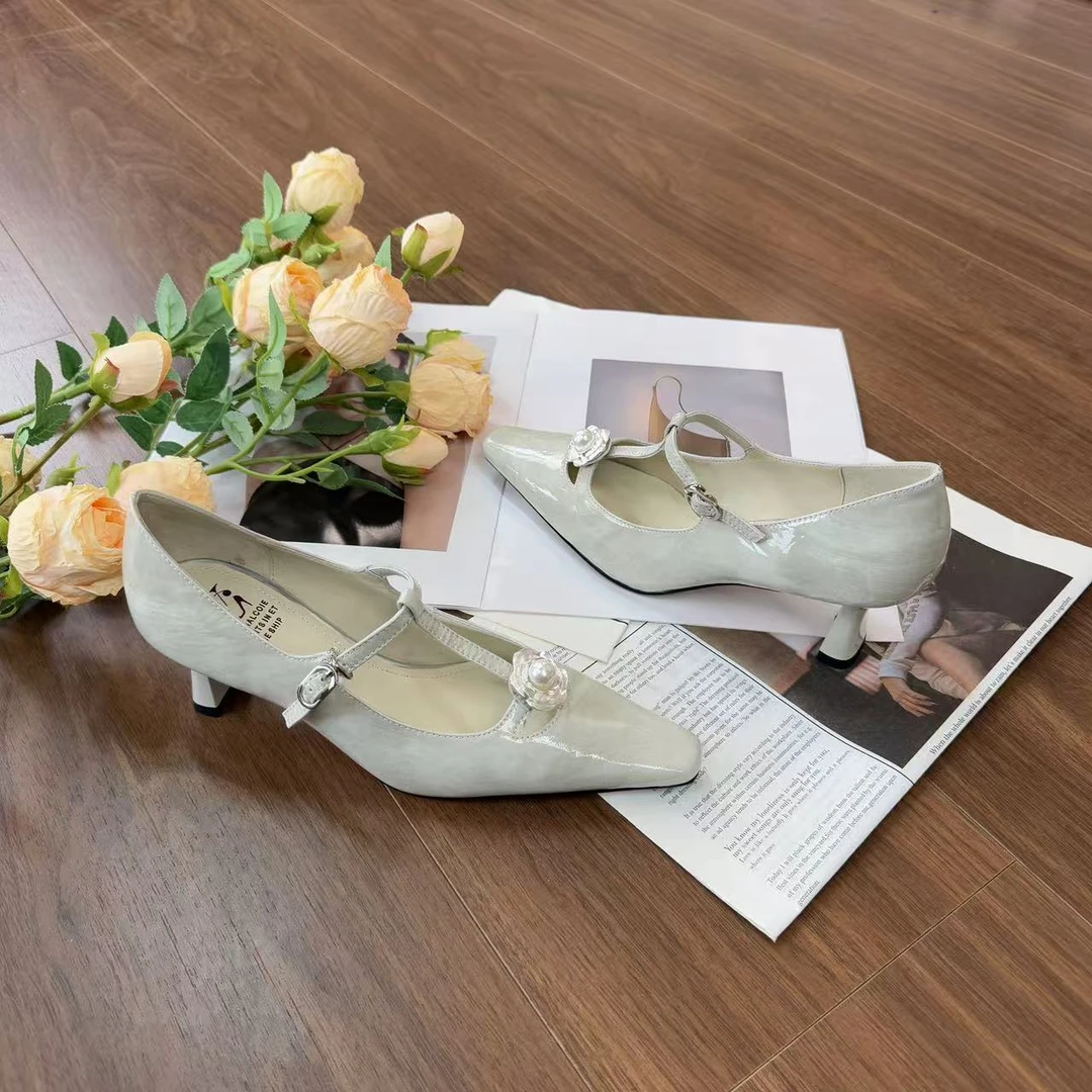 范戈希跟高5CM春季方头气质百搭山茶花晕染时尚浅口单鞋女买1赠3