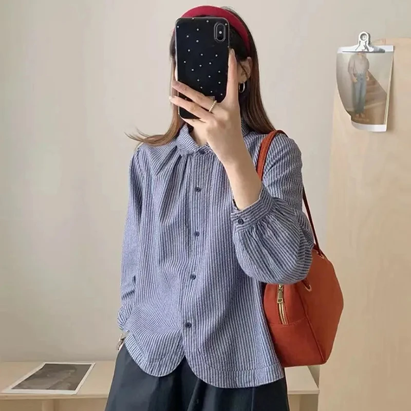 高级感美式复古拼接条纹长袖衬衫女2026年春秋季新款休闲百搭上衣