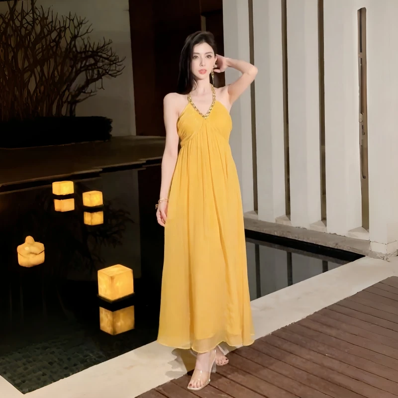 雪纺裙连衣裙显瘦裙子气质性感法式外穿露背无袖收腰小众连衣裙女