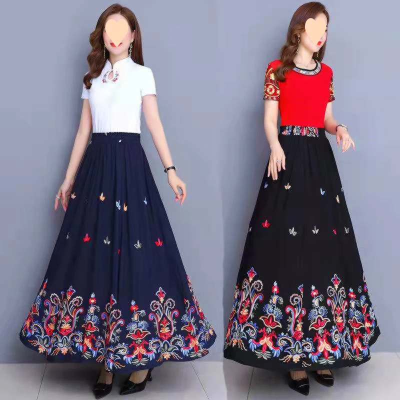 刺绣民族风半身裙中长款绣花广场舞大摆裙大码长裙子民国风半身裙