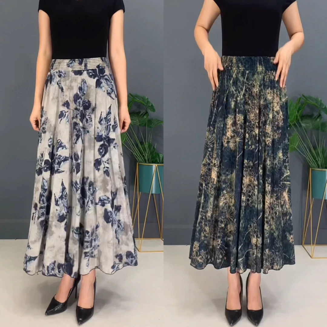 休闲高腰碎花垂感冰丝半身裙松紧腰妈妈装显瘦百搭大摆裙时尚薄款