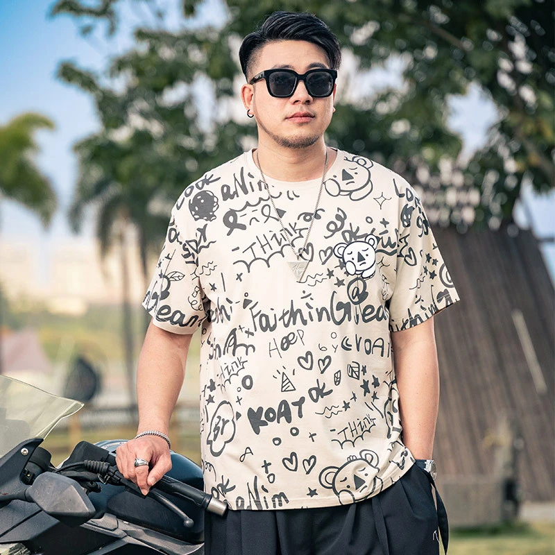 大码男装加肥加大男士百搭短袖宽松休闲涂鸦商务小熊印花圆领T恤