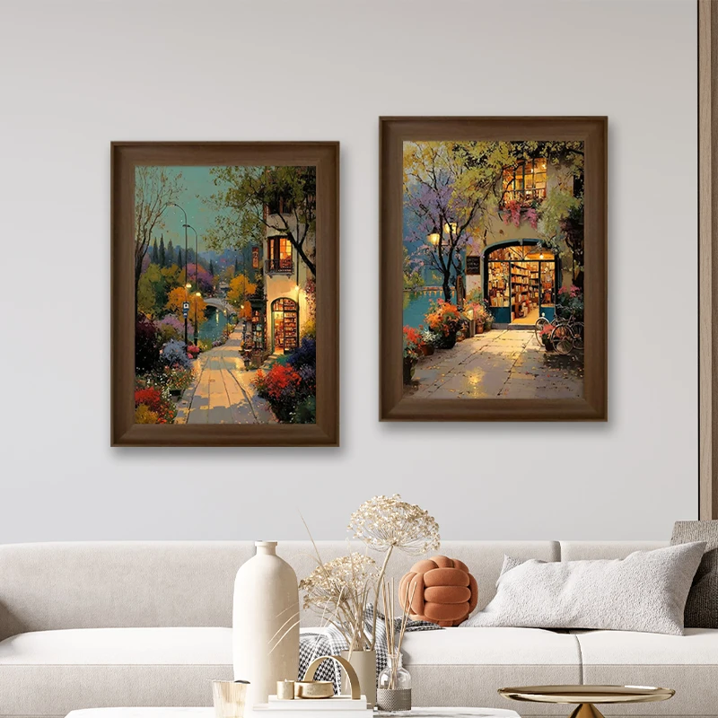 FR42暮色下的街角书店沙发客厅风景卧室背景墙装饰画复古艺术挂画