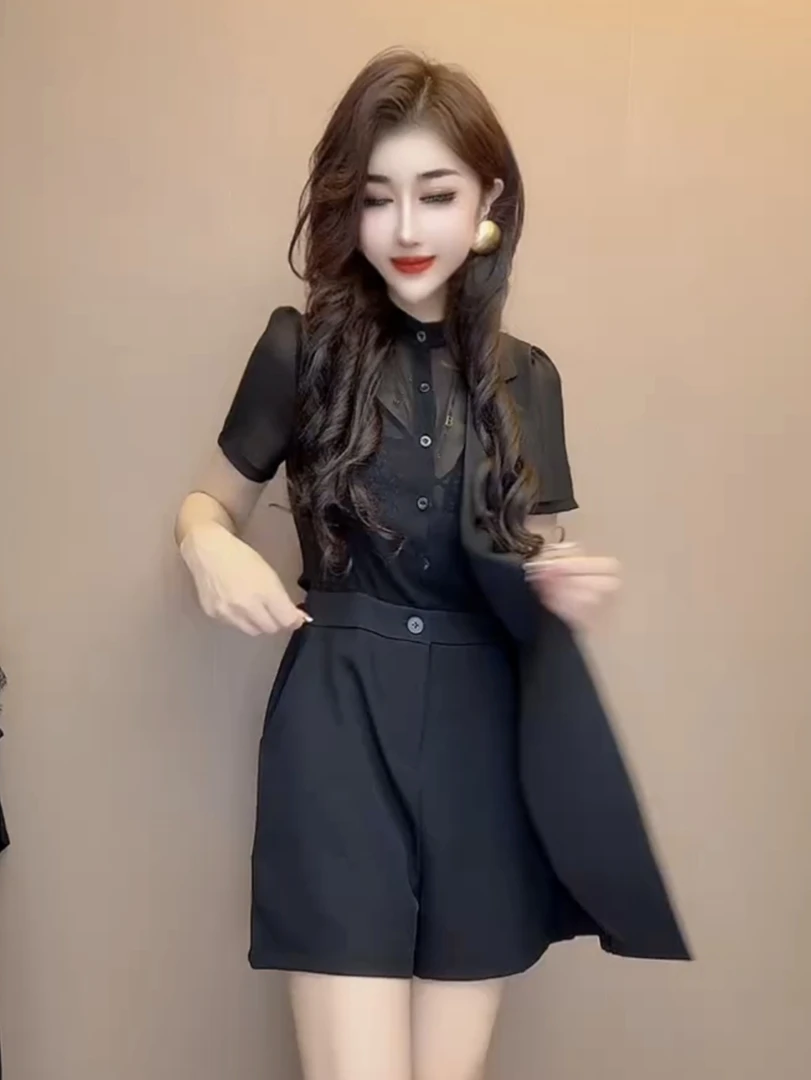 美背连体衣裤女2025夏季新款韩版显瘦不规则短袖假两件连体短裤