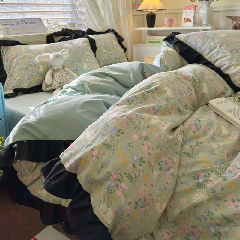 春夏法式公主花边水洗棉床上四件套少女心床单被套宿舍三件套床品