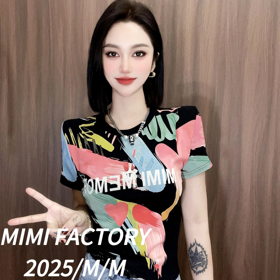 芈芈 2025新款短袖 欧货满印短袖T恤女修身显瘦时尚百搭上衣2602#