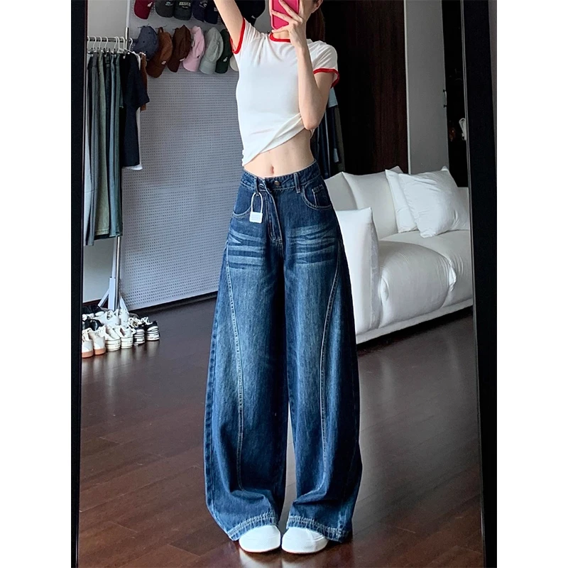美式复古阔腿牛仔裤女胖mm秋季2025新款高腰显瘦遮胯宽松弯刀裤子