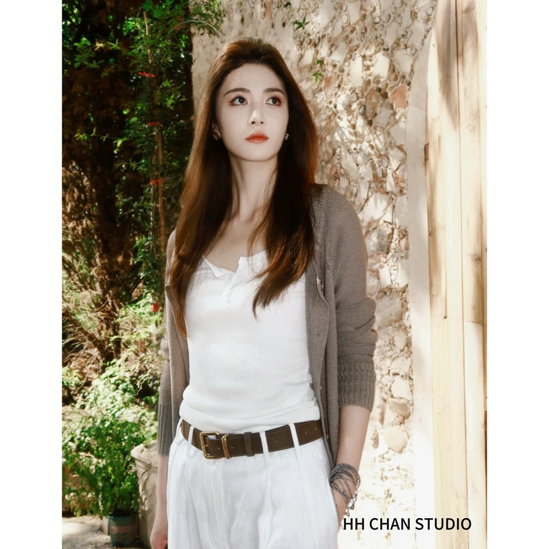 HH.CHAN“高知隐贵”定制和纸纱夏季棕色休闲开衫外套HH53G36071