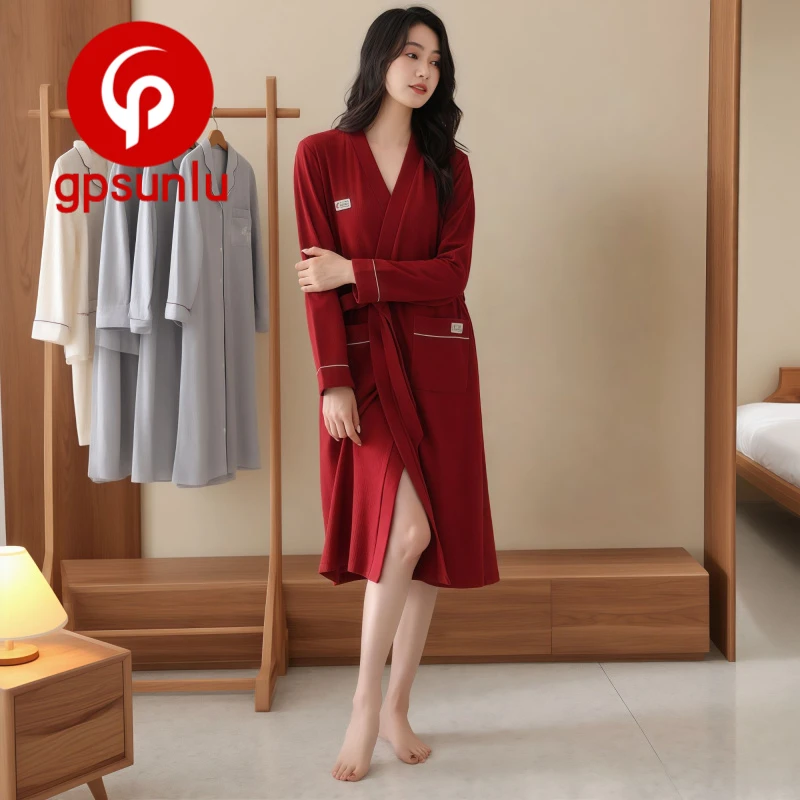 gpsunlu「浴袍」春秋季新款高档女士睡袍纯棉长款华夫格晨袍家居服