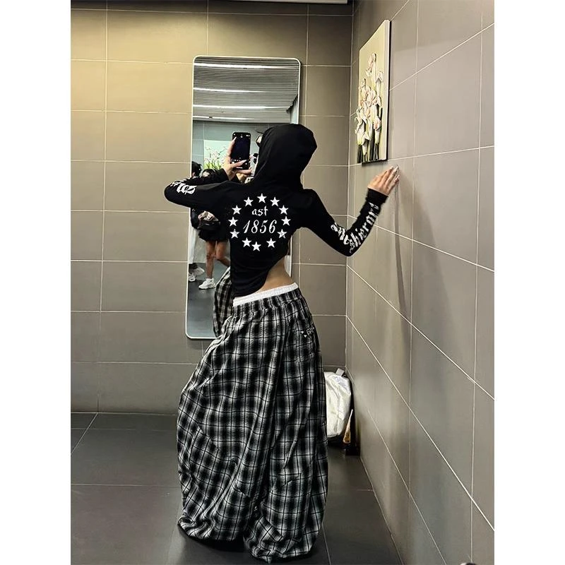 美式袖边字母印花连帽长袖t恤女夏季新辣妹修身显瘦防晒薄衫上衣