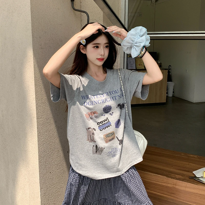 大码胖mm韩版正肩圆领水果动物卡通3D直喷印花显瘦遮肉短袖5837