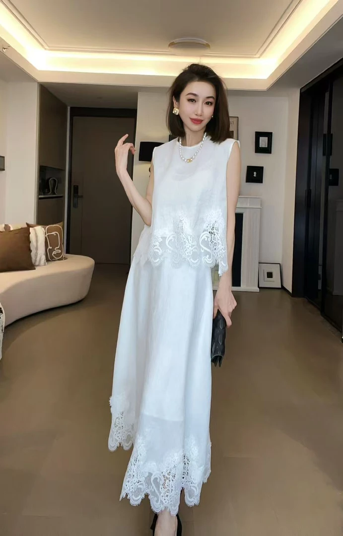 【一帘幽默】夏季新款亚麻酵洗下摆拼蕾丝纯色休闲背心+半裙套装