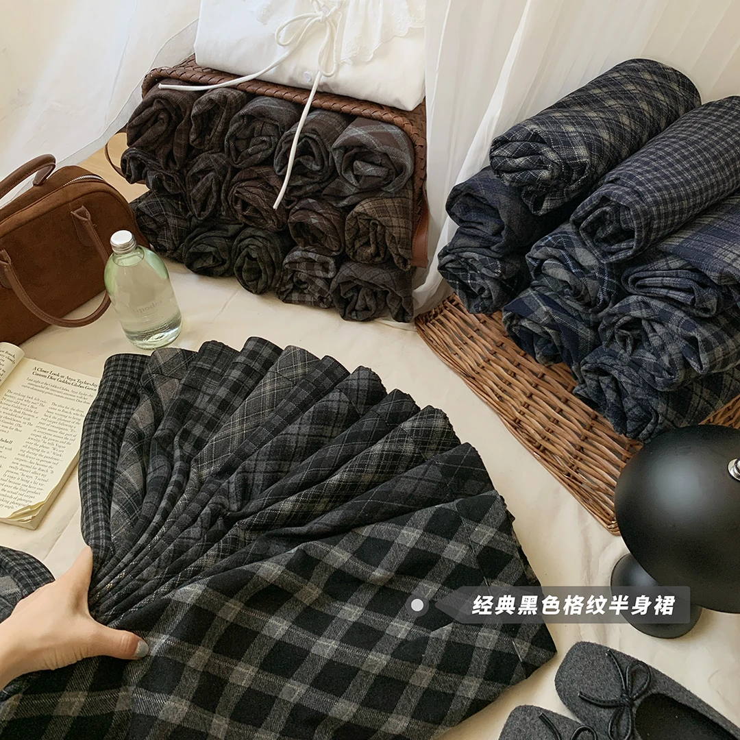 复古中长开叉格子半身裙女秋冬磨毛呢高腰过膝小A直筒格纹休闲裙