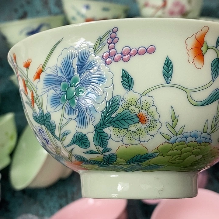 摆件陶绿稀土五色花五寸碗