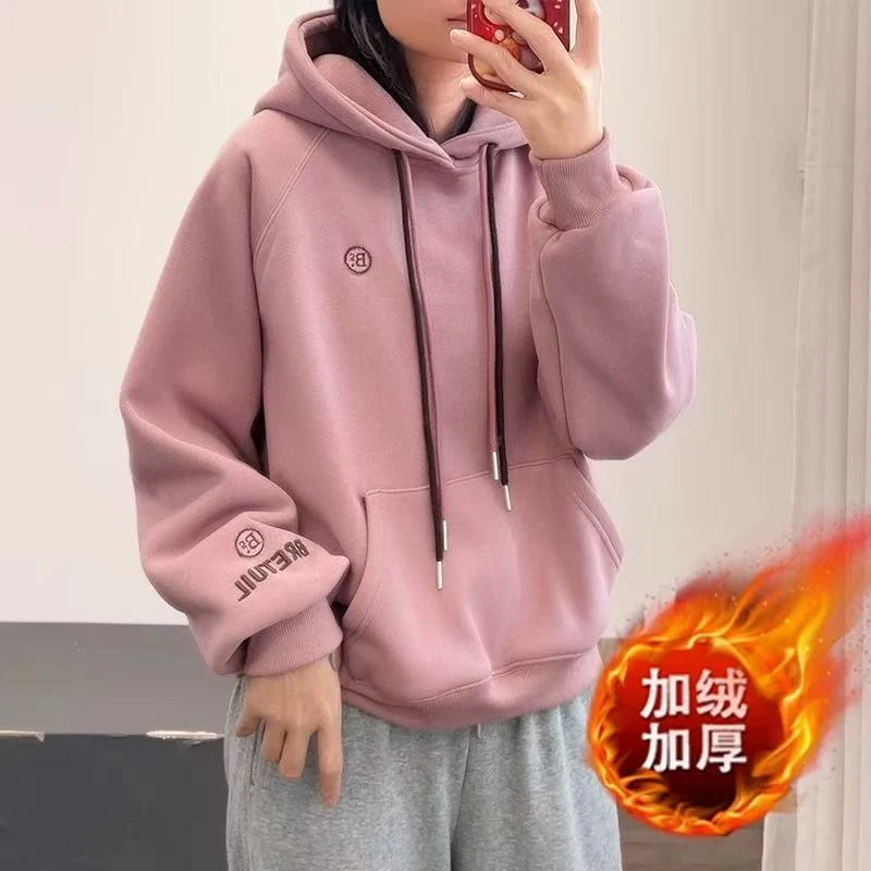 韩版休闲加绒卫衣女秋冬季2025年新款宽松加厚设计感连帽长袖上衣