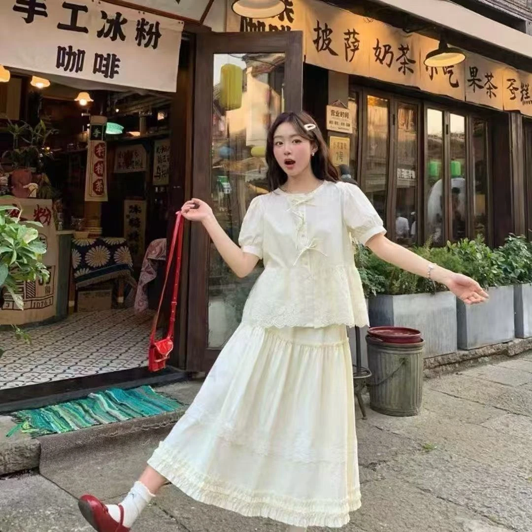 大码拼接短袖衬衫2025夏季新款泡泡袖宽松设计感半身裙两件套