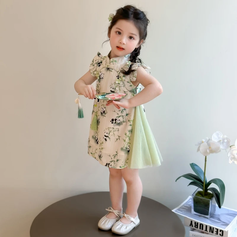 女童夏款短袖连衣裙2025新款女宝宝中国风可爱日常网纱旗袍裙