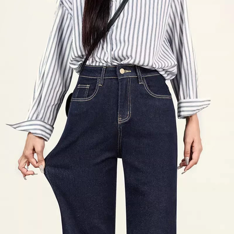 深蓝色宽松直筒牛仔裤女弹力秋季新款复古高腰显瘦垂感百搭窄版裤