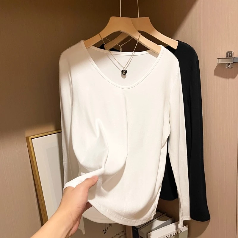 2025新款纯色V领百搭保暖早秋长袖打底衫女冬内搭叠穿修身正肩