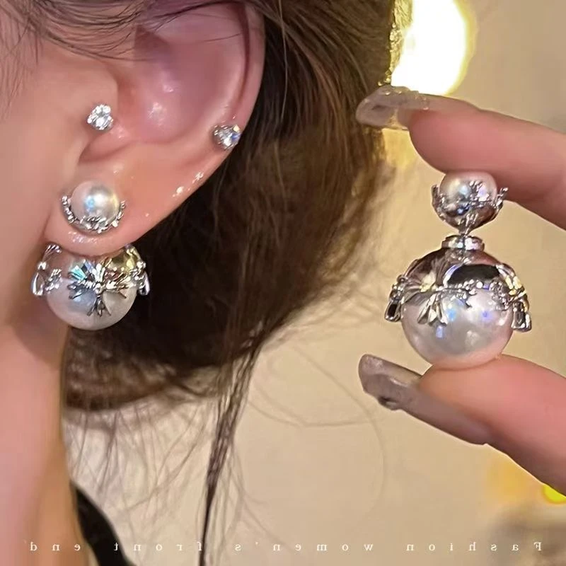 钛钢仿珍珠耳饰 轻奢十字架珠珠耳钉小众设计感耳环女耳饰b