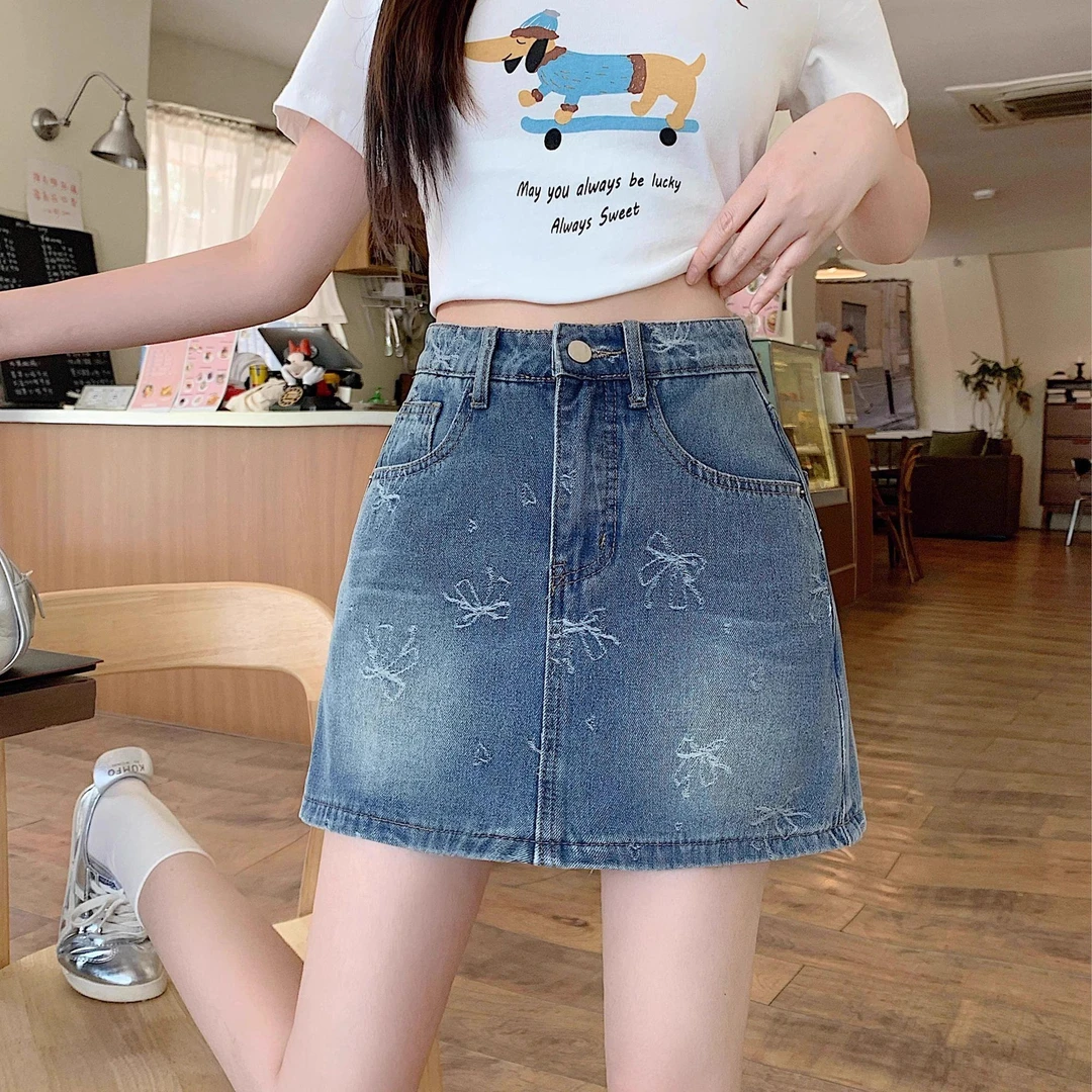 蝴蝶结刺绣牛仔半身裙大码胖mm2025新款高腰弹力显瘦a字包臀短裙