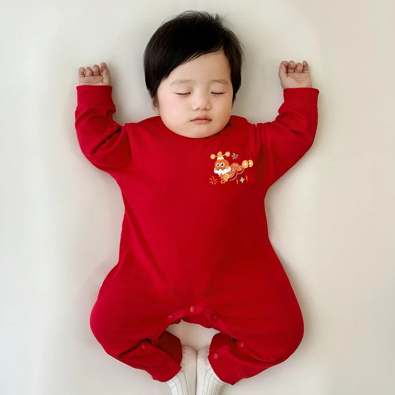 满月百天宝宝红色衣服新生儿新年服打底长袖连体衣婴儿纯棉爬爬服