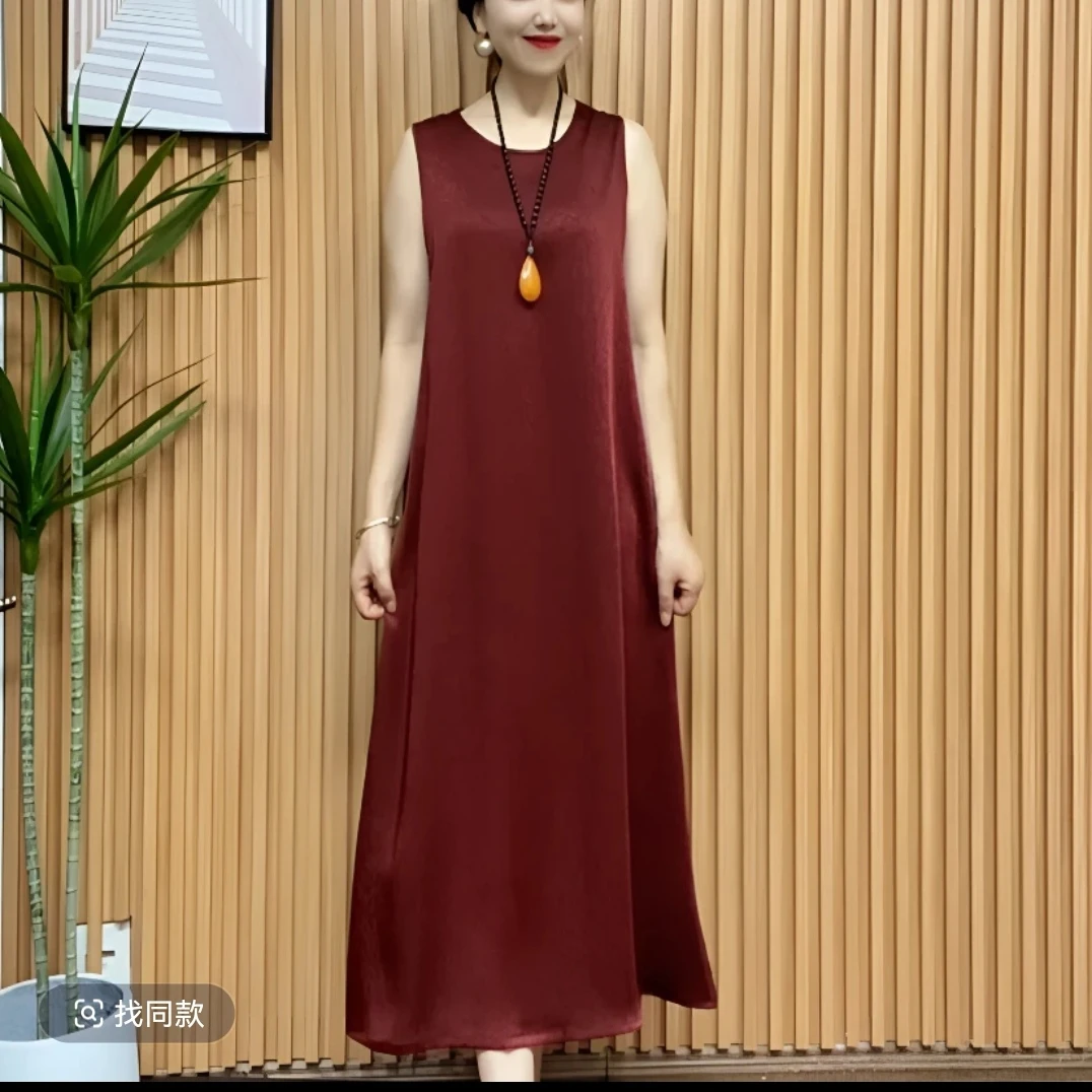 夏季重磅桑丝缎手抓花无袖背心连衣裙宽松显瘦气质中长款纯色百搭