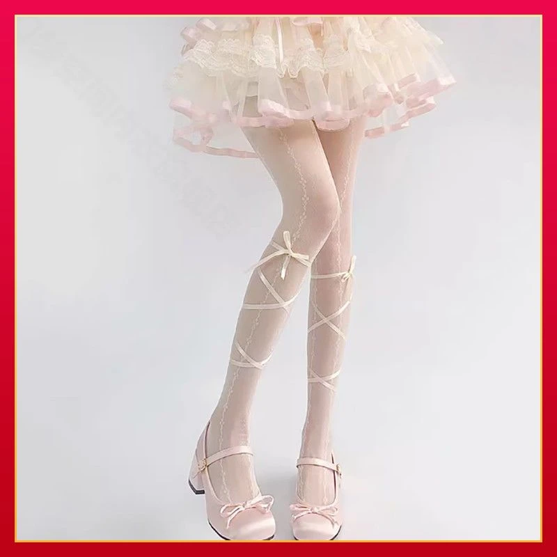 洛丽塔袜子甜美交叉绑带Lolita连裤袜女蝴蝶结印花白色丝袜jk丝袜