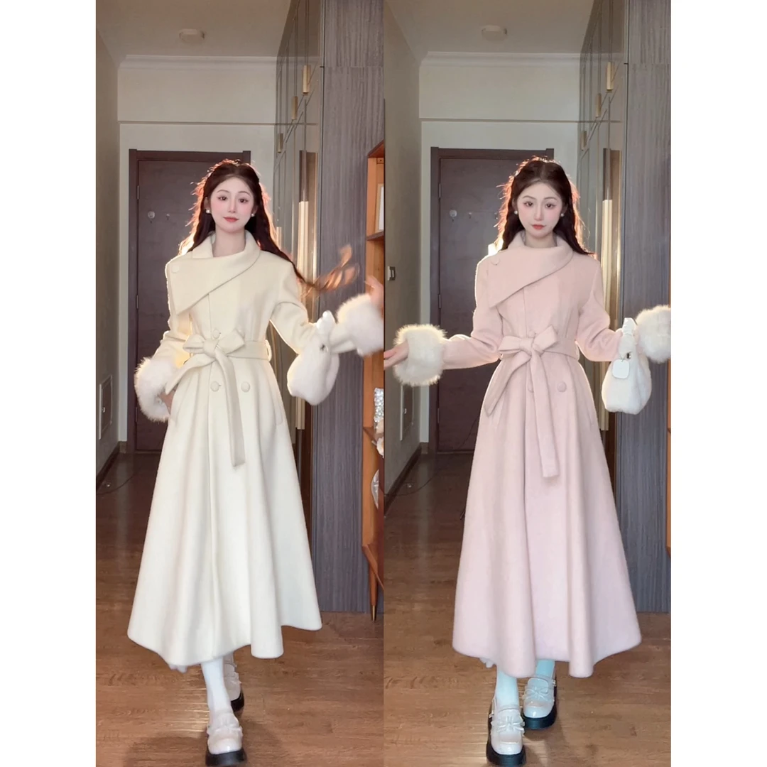 梓晴【米兰洋装】冬装新款法式赫本留洋千金重工大裙摆收腰毛呢大衣