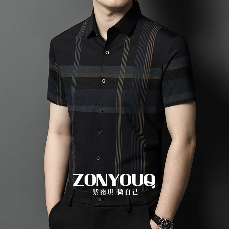 ZONYOUQ格纹短袖衬衫男士清凉Polo衫薄款夏季无缝轻奢衬衣商务格