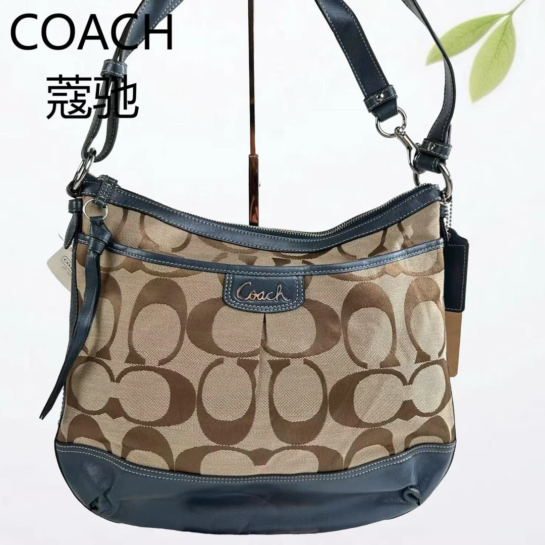 99新 COACH/蔻驰 老花拼深蓝皮单肩包G25803665底长35X29