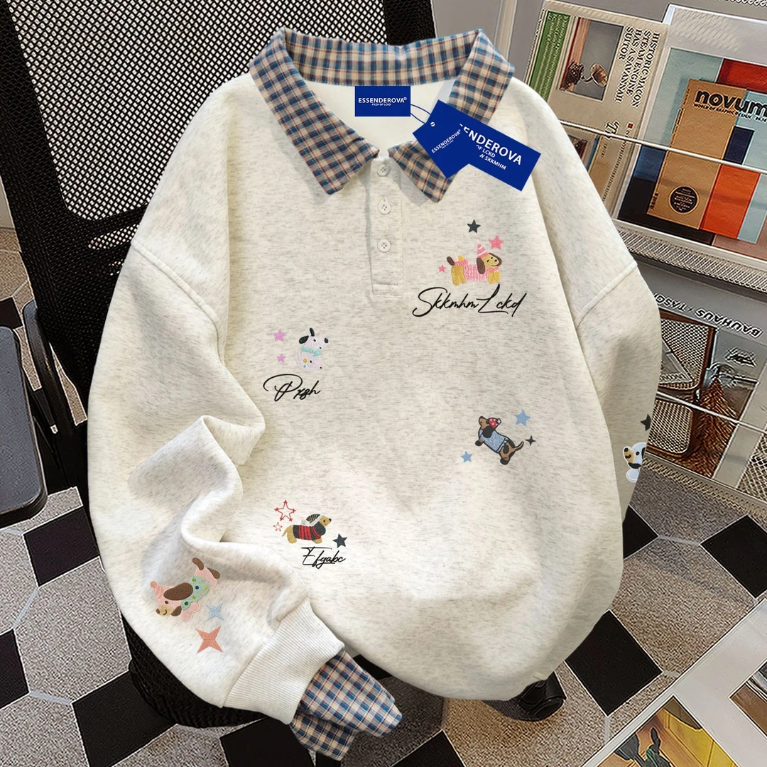 日系可爱文艺通勤假两件polo格子拼接卫衣女秋冬加绒宽松显瘦上衣