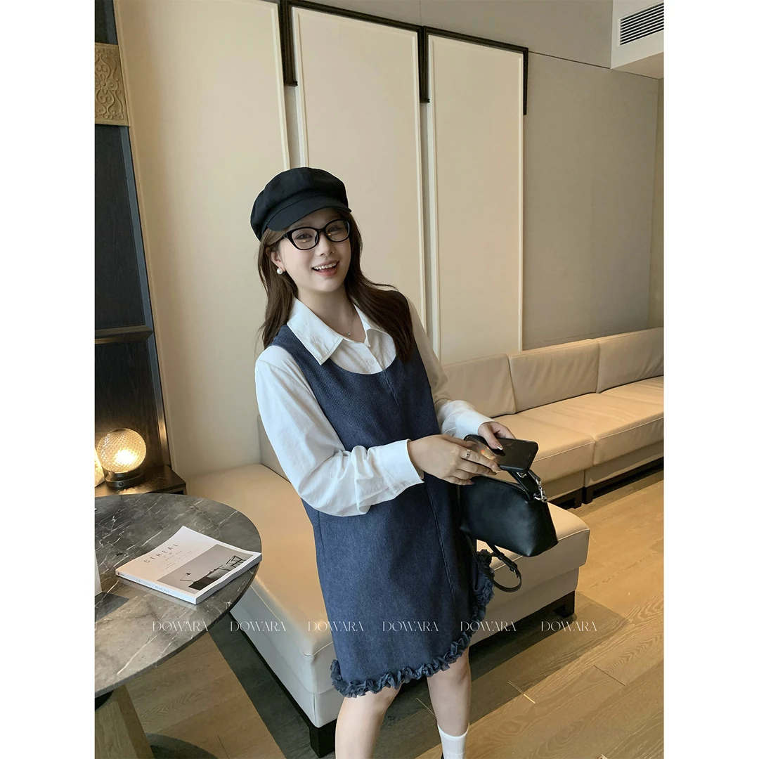 现货大婉酱微胖定制韩系复古宽松木耳边拼接连衣裙秋背带裙0019D