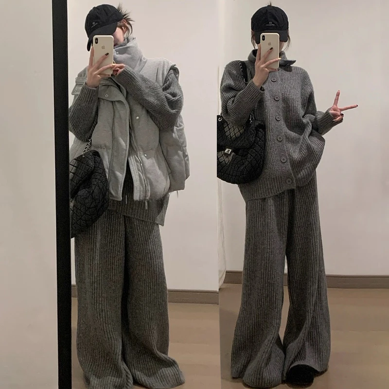 大码女装韩版时尚2025新款宽松长袖针织开衫小众马甲显瘦阔腿裤