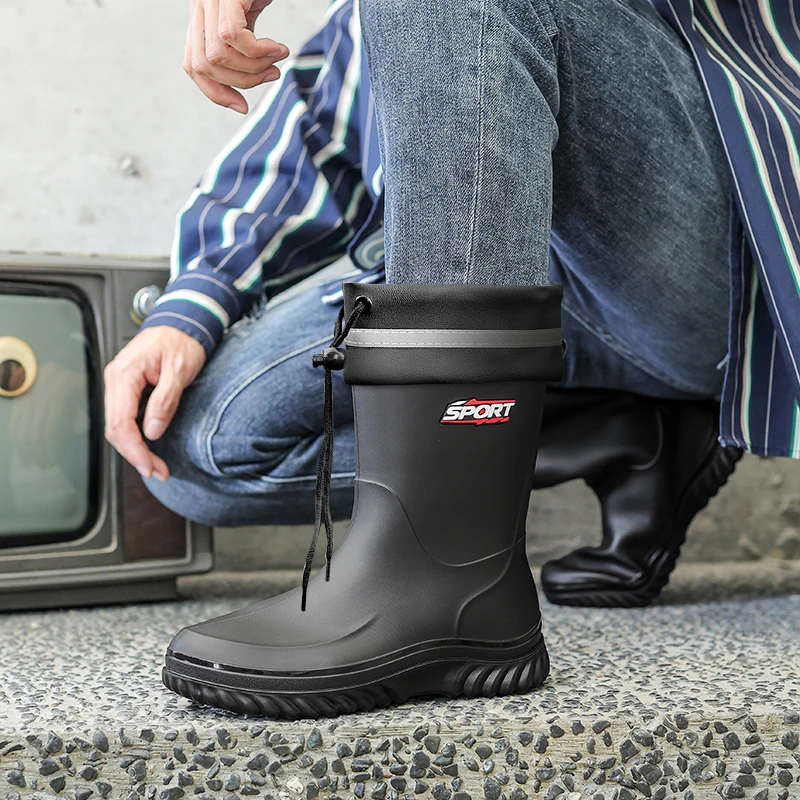 男士水鞋短筒潮流雨鞋时尚加绒中筒保暖加厚耐磨防滑防水鞋软厚底