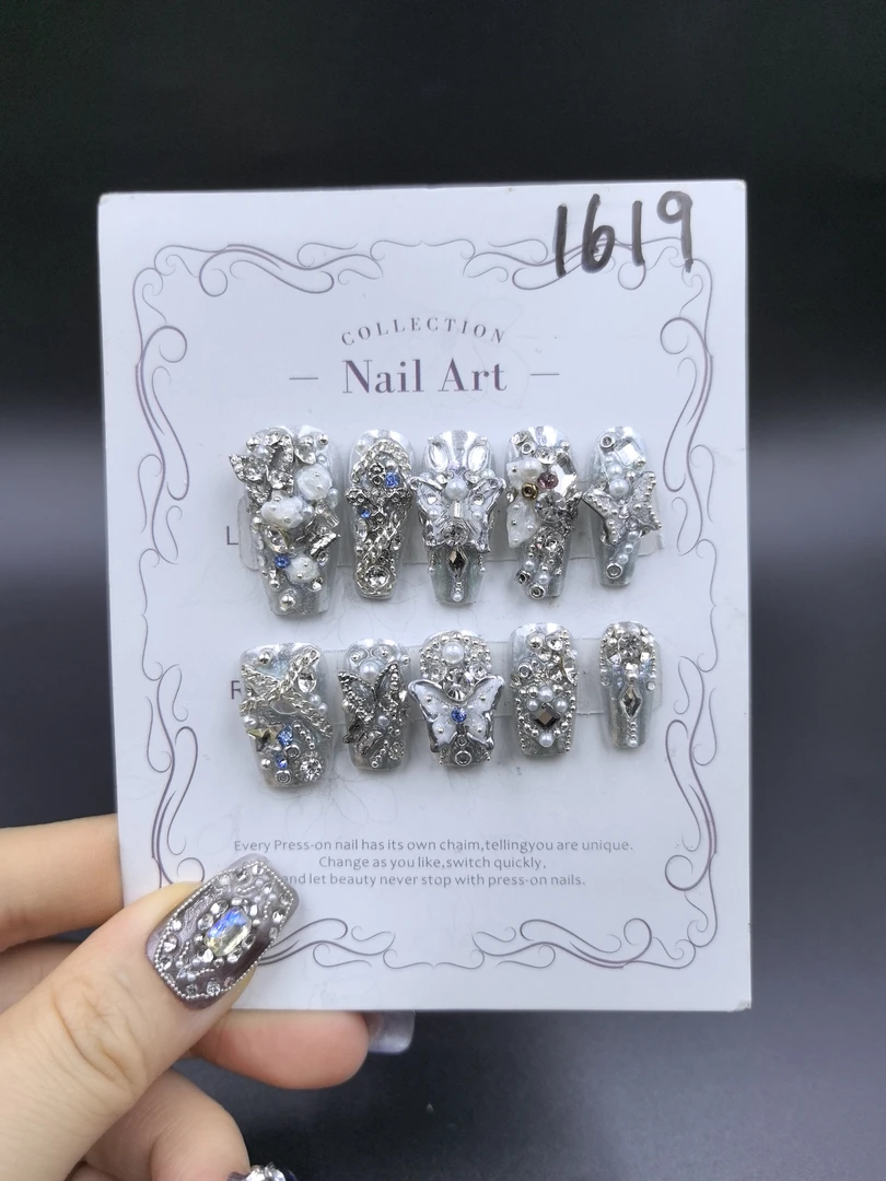 安夏 雨薇 长梯 纯手工穿戴甲10片亮银蝴蝶华丽款