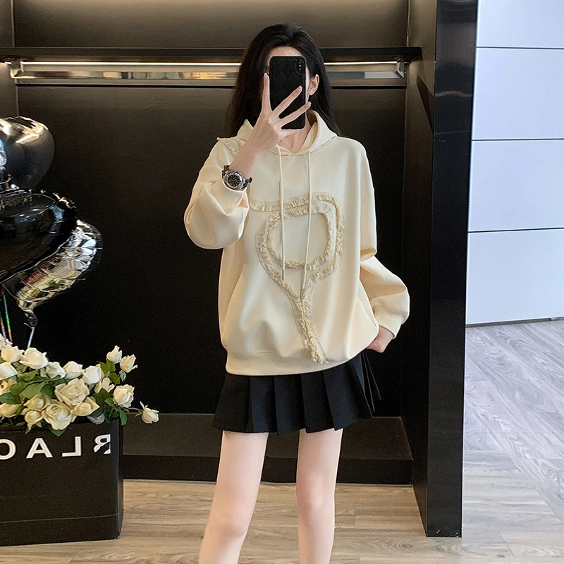 网红时尚炸街新款女装杏色休闲卫衣秋冬新款慵懒风连帽长袖上衣潮