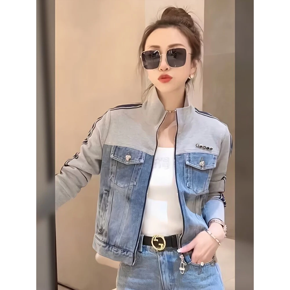 新款韩版拼接牛仔外套女秋装复古宽松短款立领长袖上衣拉链薄款