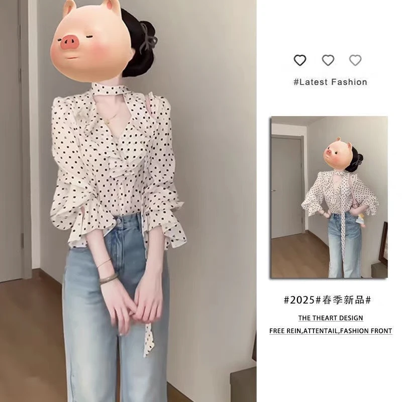 新款搭配一整套女韩版休闲气质系带波点衬衫显瘦牛仔裤两件套装女