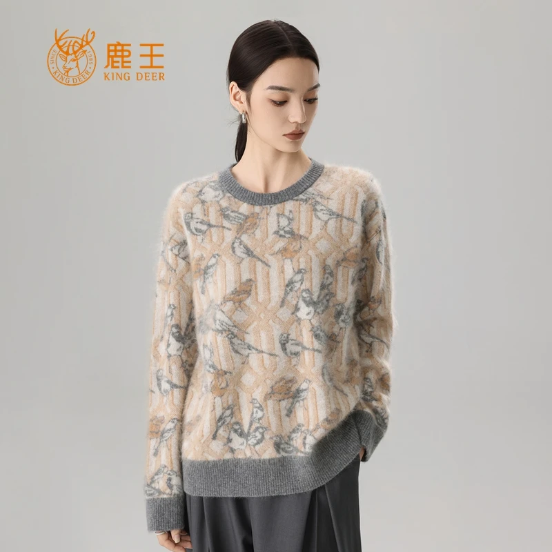 鹿王25秋冬新款女圆领100山羊绒时尚休闲提花拉绒套衫 加厚 L598