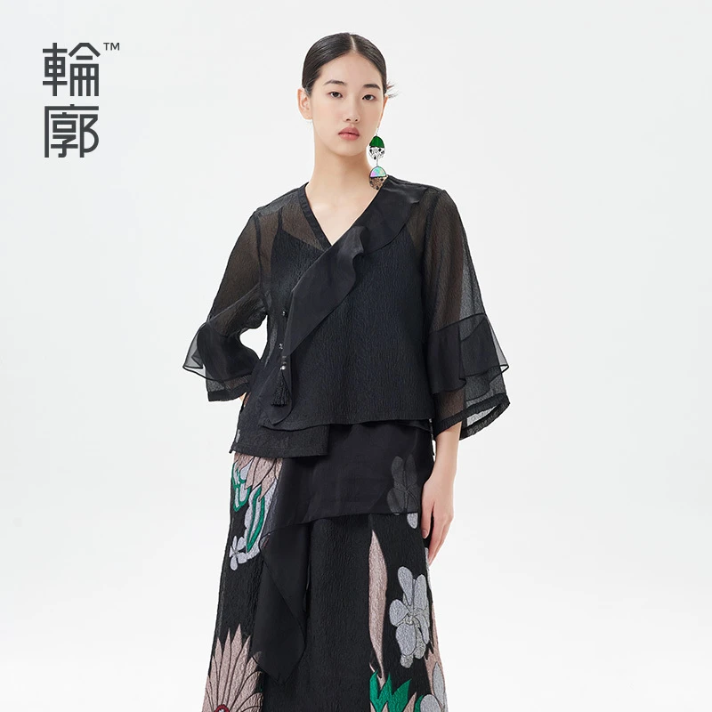 轮廓原创复古新款外套V领短款外套上衣时尚夏季古风薄款L231Y023