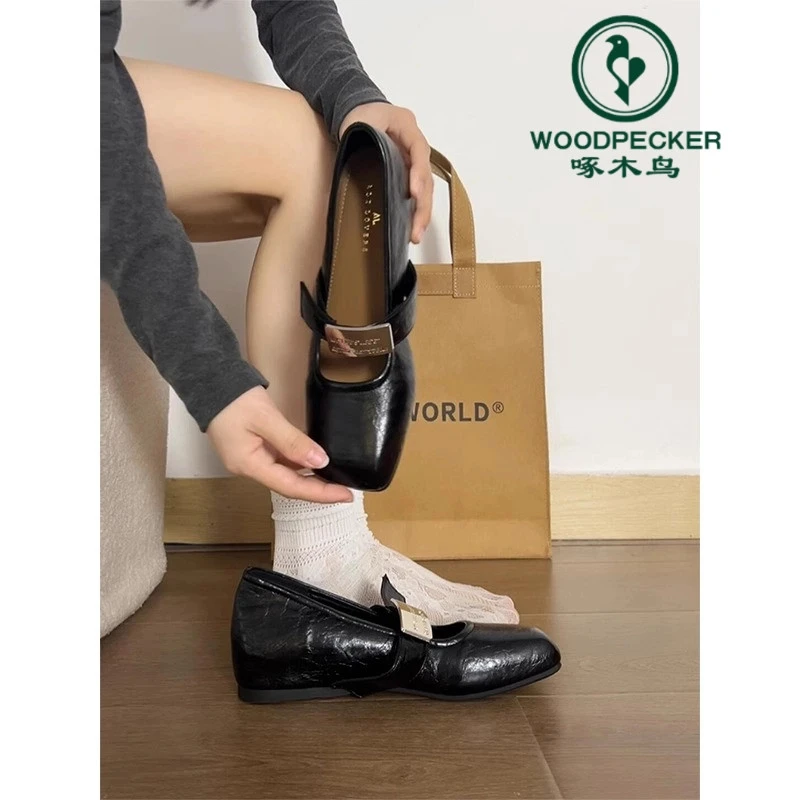 啄木鸟法式内增高玛丽珍单鞋2025夏季新款仙女风方头一字扣小皮鞋