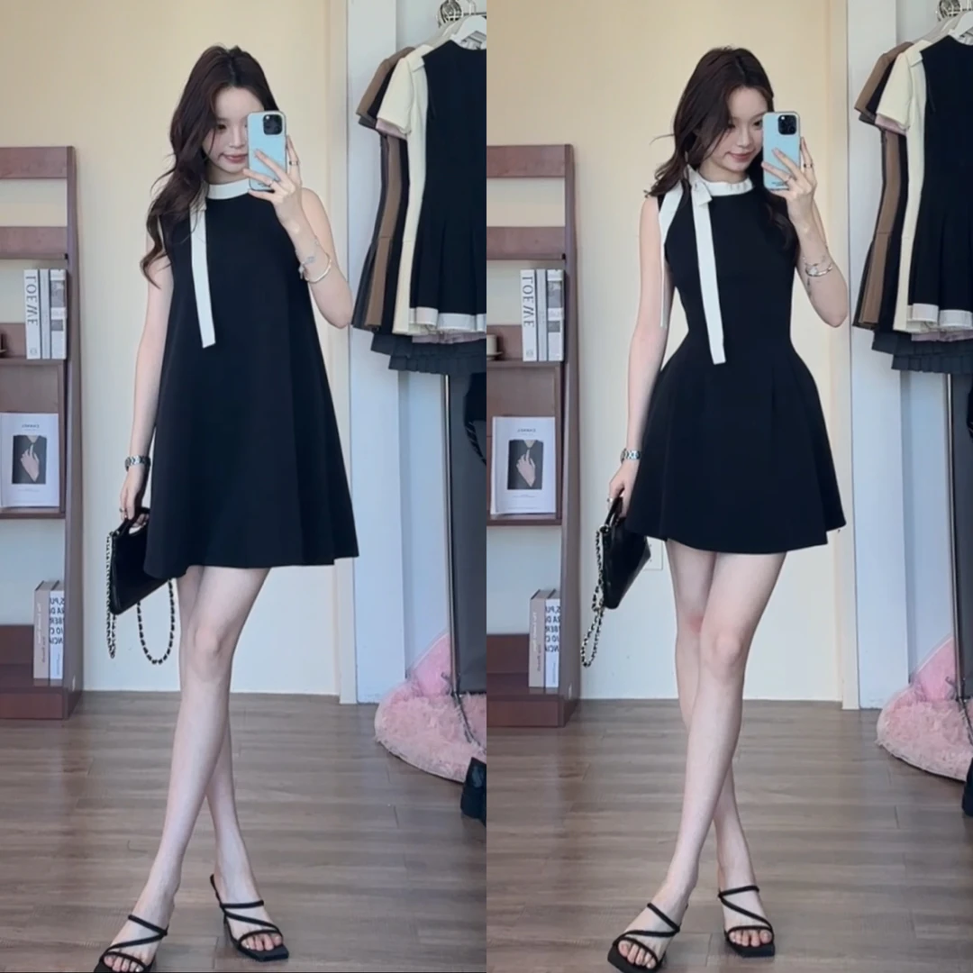 金川川 心动尤莉 千金感小众时尚减龄气质撞色拼接法式显瘦小黑裙
