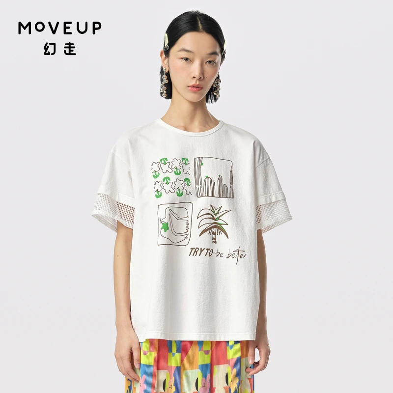 MOVEUP幻走2024夏季新款.FUN圆领创意印花百搭短款T恤女324210528