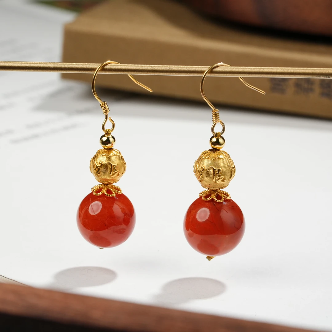 泽云·赤珰·南红大单珠耳钩