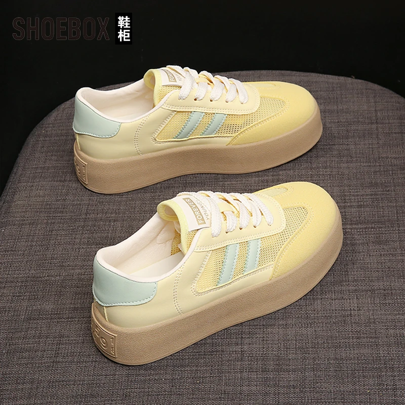 SHOEBOX鞋柜夏秋镂空厚底德训鞋女2025新款网面透气百搭小白鞋子