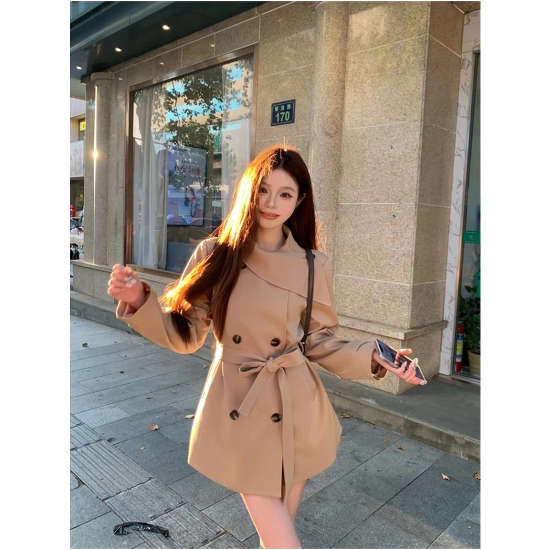 刘亦菲高级感双排扣风衣外套女秋季2025新款气质收腰显瘦系带大衣