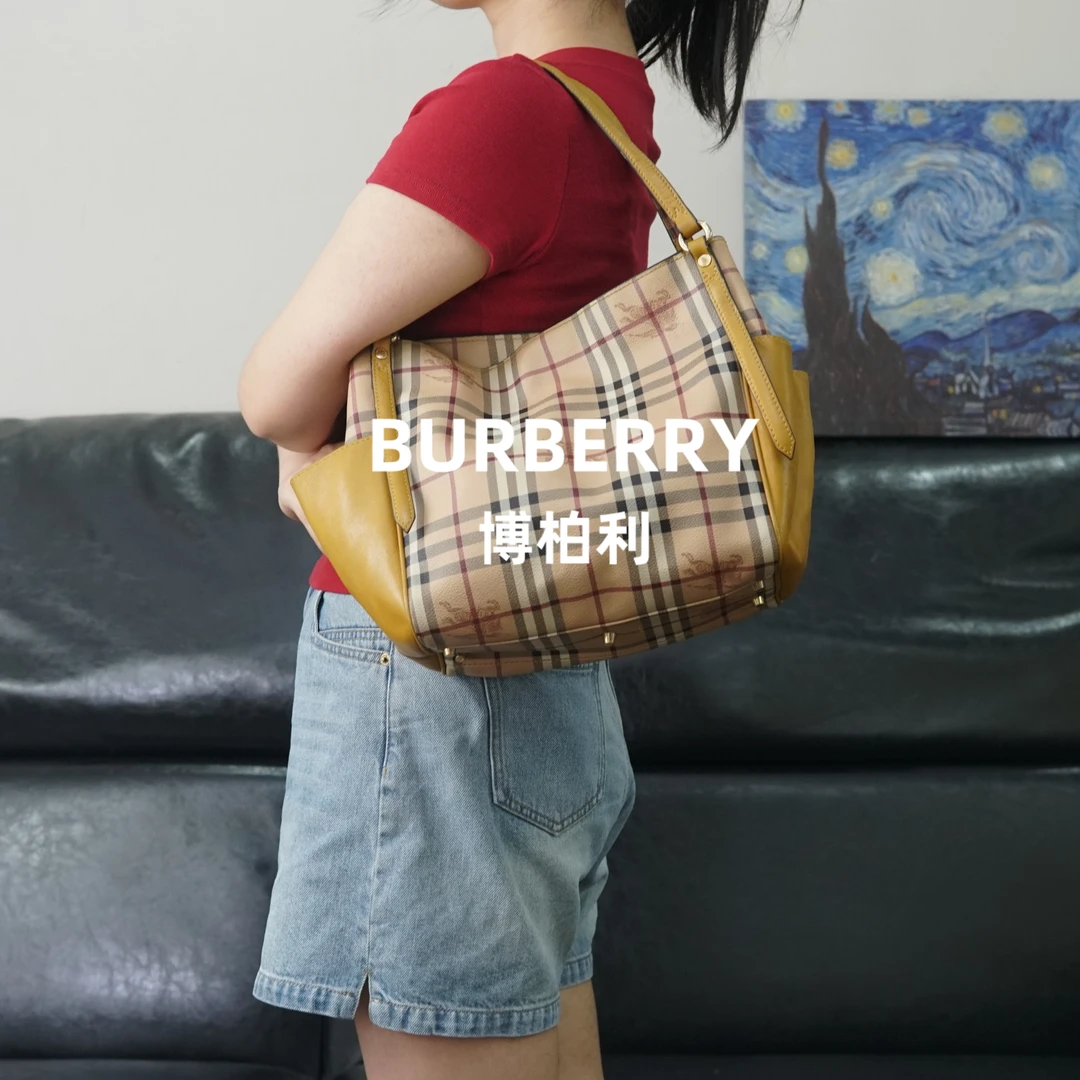 95新 BURBERRY/博柏利 黄色格纹拼色手提包/XS05517018/7018