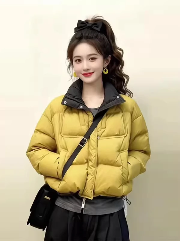 韩系时尚撞色短款外套女冬季小个子立领面包服厚外套黄色冬季款
