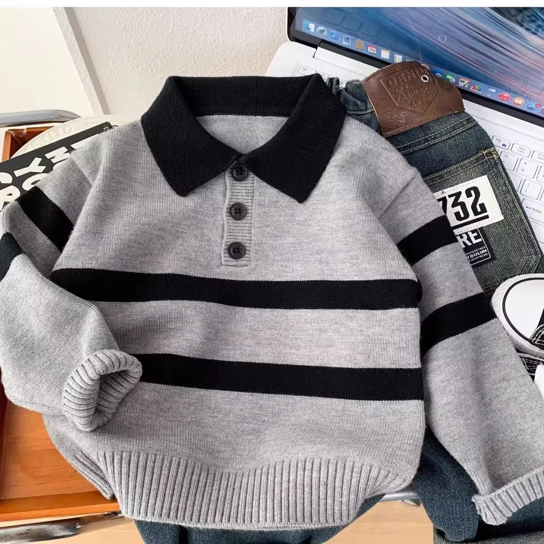 不起球  男童毛衣针织衫2025秋冬新款中大童韩版帅气条纹上衣灰色
